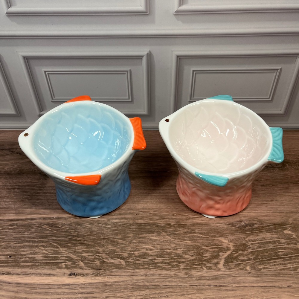 Ceramic Fish Bowls Set Of 2 Blue Pink Cute Pet Food Water Dishes